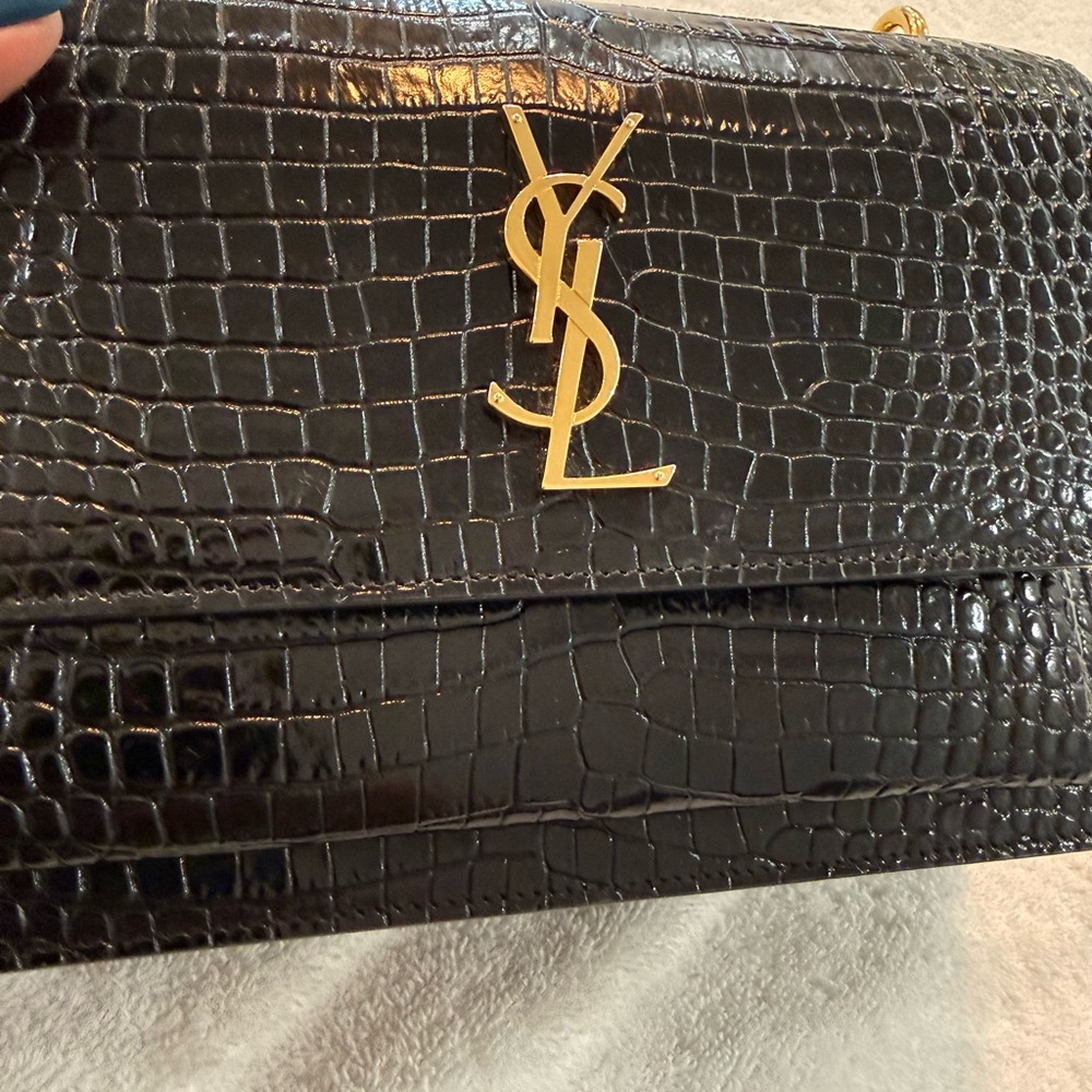 Saint Laurent Black Croc-Embossed Chain Wallet Bag with Gold Hardware - Picture 9 of 10